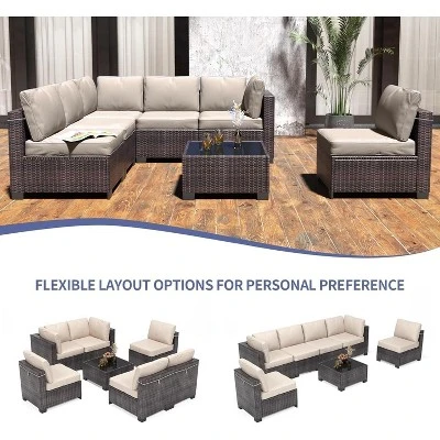 7 PCS Outdoor Patio Furniture Set, Wicker Sectional Sofa Set Rattan Modular Conversation Couch Set With Cushions For Outside, Garden, Balcony, Porch 2 7 PCS Outdoor Patio Furniture Set, Wicker Sectional Sofa Set Rattan Modular Conversation Couch Set With Cushions For Outside, Garden, Balcony, Porch - Image 2