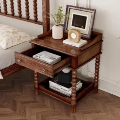 Retro Style Nightstand With Drawer And Open Shelf For Bedroom, Bedside Table With Turned Legs And Metal Handle 16 Retro Style Nightstand With Drawer And Open Shelf For Bedroom, Bedside Table With Turned Legs And Metal Handle -Garvee Sales GUEST 30bbdcc3 67af 4d68 9029 0518b9266e7d