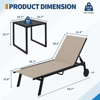 Outdoor Lounge Chairs With Wheels, Adjustable Backrest Poolside Loungers, Patio Chaise Lounge Chairs With Side Table Set Of 3 Khaki 4 Outdoor Lounge Chairs With Wheels, Adjustable Backrest Poolside Loungers, Patio Chaise Lounge Chairs With Side Table Set Of 3 Khaki - Image 4