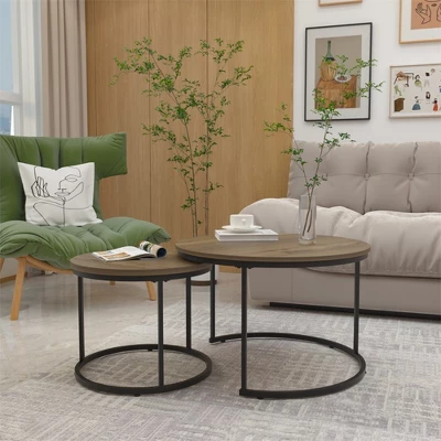 Nesting Coffee Table Set Of 2, 27.6inch Round Coffee Table Wood Marble Pattern Top With Sturdy Metal Frame, End Table Side Tables 6 Nesting Coffee Table Set Of 2, 27.6inch Round Coffee Table Wood Marble Pattern Top With Sturdy Metal Frame, End Table Side Tables - Image 6