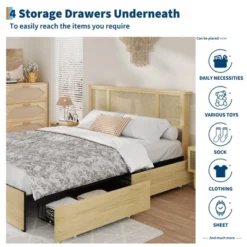 Bed Frame With Natural Rattan Headboard, Queen Size, 4 Storage Drawers, Wooden Slats, Boho-Style Cane Support, Metal Base 13 Bed Frame With Natural Rattan Headboard, Queen Size, 4 Storage Drawers, Wooden Slats, Boho-Style Cane Support, Metal Base -Garvee Sales GUEST 3127fab3 7339 499f a396 9091fe5663cd