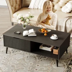 Garvee Fluted Coffee Table With Storage, Mid Century Dining Table With Sliding Door Panel And Wood Legs, Small Coffee Tables For Living Room -Garvee Sales GUEST 312ea1e1 67d6 426d b839 06dcf21d309b