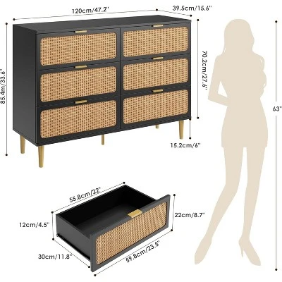 Rattan 6 Drawer Dresser For Bedroom, Large Double Dresser With Deep Drawers, Long Wooden Chest Of Drawers For Living Room, Hallway, Kids Room 1 Rattan 6 Drawer Dresser For Bedroom, Large Double Dresser With Deep Drawers, Long Wooden Chest Of Drawers For Living Room, Hallway, Kids Room