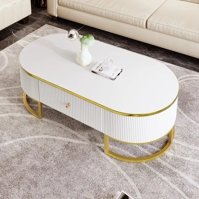Oval Coffee Table, Modern Side Table With 1 Drawer & Curved Profile Design Metal Legs, Oval Sofa Table For Home Office Living Room Reception Room 1 Oval Coffee Table, Modern Side Table With 1 Drawer & Curved Profile Design Metal Legs, Oval Sofa Table For Home Office Living Room Reception Room