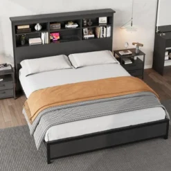 King Size Bed Frame With Bookcase Headboard, King Platform Bed With 2-tier Storage & Charging Station, No Box Spring Needed Easy Assemble，Black -Garvee Sales GUEST 32cf08a0 7564 4f05 943c 6f3988c919a2 1