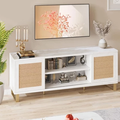 Rattan TV Stand For 65 Inch TV, White Entertainment Center Modern TV Console Table With Storage, Doors And Shelves, Media Cabinet For Living Room 2 Rattan TV Stand For 65 Inch TV, White Entertainment Center Modern TV Console Table With Storage, Doors And Shelves, Media Cabinet For Living Room - Image 2