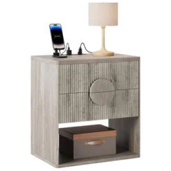 Whizmax Fluted Nightstand With Charging Station - 2 Drawers + Open Shelf, Modern Wood Bedside Table For Bedroom & Living Room Storage -Garvee Sales GUEST 3424baba 174b 49fb 9267 f146ca7ce1c6