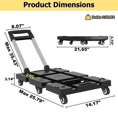 Portable Heavy Duty Folding Hand Truck 330lbs, 6 Wheels Collapsible Luggage Dolly Cart With 1 Elastic Ropes - Compact Trolley Cart For Easy Moving 1 Portable Heavy Duty Folding Hand Truck 330lbs, 6 Wheels Collapsible Luggage Dolly Cart With 1 Elastic Ropes - Compact Trolley Cart For Easy Moving