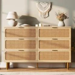 Rattan 6 Drawer Dressers For Bedroom, Boho Wooden Chests Of Drawers, Modern Double Dresser Chest For Living Room, Entryway, Kids Room -Garvee Sales GUEST 343b22c9 b898 4d28 b696 8c89286a3225 2