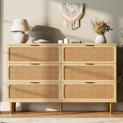 Rattan 6 Drawer Dresser For Bedroom, Large Double Dresser With Deep Drawers, Long Wooden Chest Of Drawers For Living Room, Hallway, Kids Room 10 Rattan 6 Drawer Dresser For Bedroom, Large Double Dresser With Deep Drawers, Long Wooden Chest Of Drawers For Living Room, Hallway, Kids Room - Image 10