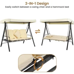 Whizmax 3 Seater Outdoor Porch Swing, Patio Swing Chair And Canopy, Adjustable Shade, Removable Cushion, Suitable For Balcony, Garden, Antique White