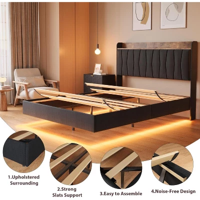 Floating Bed Frame With LED Lights & USB Charging Station – Modern Upholstered Platform Bed With Headboard, Solid Wood Slats Support 4 Floating Bed Frame With LED Lights & USB Charging Station – Modern Upholstered Platform Bed With Headboard, Solid Wood Slats Support - Image 4