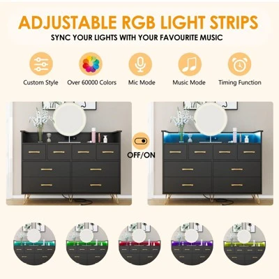 Dresser With Power Outlet And LED Lights, Wood 8 Drawer Dresser For Bedroom, Modern Chest Of Drawers For Closet, Living Room 5 Dresser With Power Outlet And LED Lights, Wood 8 Drawer Dresser For Bedroom, Modern Chest Of Drawers For Closet, Living Room - Image 5