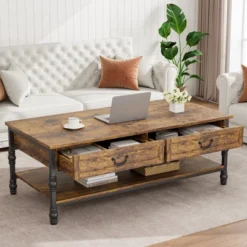 41" Rustic Coffee Table With 2 Storage Drawers, Rectangular Coffee Tables W/ Storage Shelf And Metal Legs, Wood Large Coffee Table For Living Room -Garvee Sales GUEST 34784fb8 c597 4d51 995d 69b5ad8ae02f