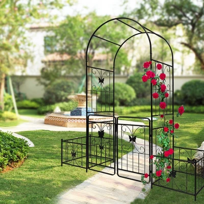Garden Arbor Arch With Gate And Plant Box, 86.6 Inches Wedding Arches For Ceremony, Metal Garden Trellis 2 Garden Arbor Arch With Gate And Plant Box, 86.6 Inches Wedding Arches For Ceremony, Metal Garden Trellis - Image 2