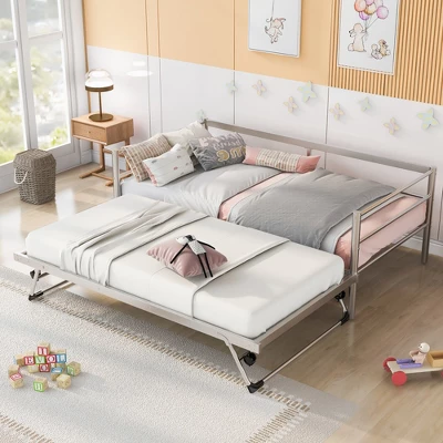 Twin Size Daybed With Pop Up Trundle, Bed Frame With Braces Safety Guardrail, No Box Spring Needed, Sturdy Metal Slat Support, Folding Platform Bed 4 Twin Size Daybed With Pop Up Trundle, Bed Frame With Braces Safety Guardrail, No Box Spring Needed, Sturdy Metal Slat Support, Folding Platform Bed - Image 4