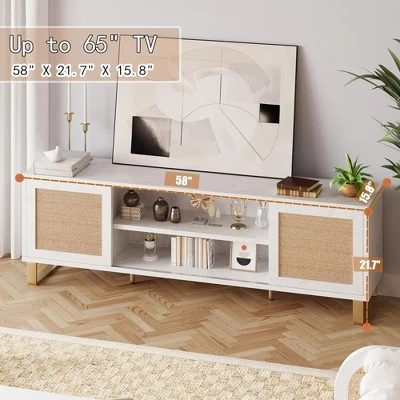 Rattan TV Stand For 65 Inch TV, White Entertainment Center Modern TV Console Table With Storage, Doors And Shelves, Media Cabinet For Living Room 1 Rattan TV Stand For 65 Inch TV, White Entertainment Center Modern TV Console Table With Storage, Doors And Shelves, Media Cabinet For Living Room