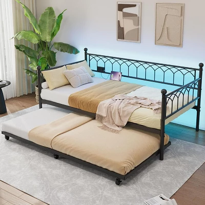 Twin Size Daybed With Pop-Up Trundle & LED Lights, Pull Out Bed With Charging Station And Pull Out Turundle, Metal Sofa Bed Frame For Living Room 8 Twin Size Daybed With Pop-Up Trundle & LED Lights, Pull Out Bed With Charging Station And Pull Out Turundle, Metal Sofa Bed Frame For Living Room - Image 8