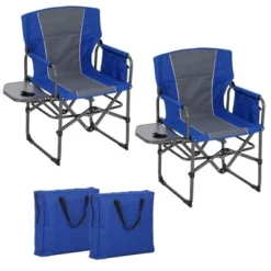 2 Pcs Oversized Folding Director Camping Chair, Portable Outdoor Chair With Aluminum Side Table & Pocket,Support 400 LBS Frame, For Lawn,Fishing,Blue