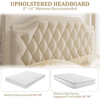 Upholstered Canopy Bed Frame With Headboard, Button Tufted, Nailhead Trim Design, No Box Spring Required 3 Upholstered Canopy Bed Frame With Headboard, Button Tufted, Nailhead Trim Design, No Box Spring Required - Image 3