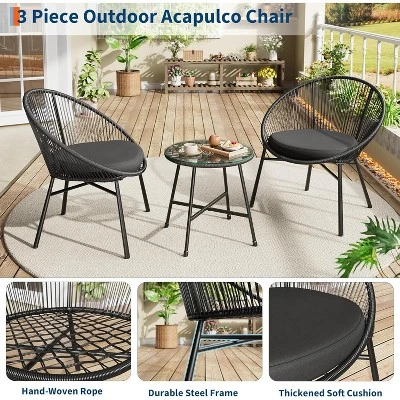 3 Pieces Outdoor Acapulco Chair Patio Bistro Set With Glass Top Table, Modern Patio Conversation Chairs Set Of 2 For Balcony, Garden, Backyard 3 3 Pieces Outdoor Acapulco Chair Patio Bistro Set With Glass Top Table, Modern Patio Conversation Chairs Set Of 2 For Balcony, Garden, Backyard - Image 3