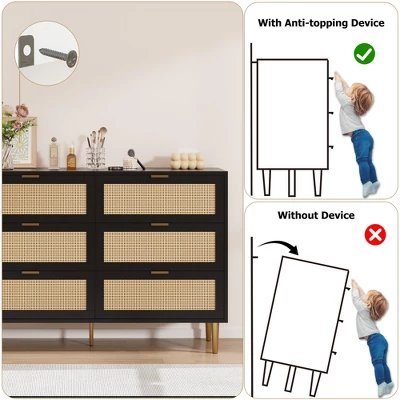 Garvee 6 Drawer Rattan Dresser With Gold Legs And Handles, Wide Double Storage Chest With Anti-Tipping Design For Bedroom Or Living Room 2 Garvee 6 Drawer Rattan Dresser With Gold Legs And Handles, Wide Double Storage Chest With Anti-Tipping Design For Bedroom Or Living Room - Image 2