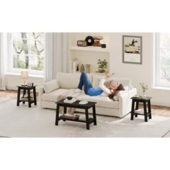 31.5" Industrial Farmhouse Coffee Table With 2-Tier Storage, Rustic Wooden Finish Side Tables For Living Room And Bedroom, Narrow Space-Saving Design