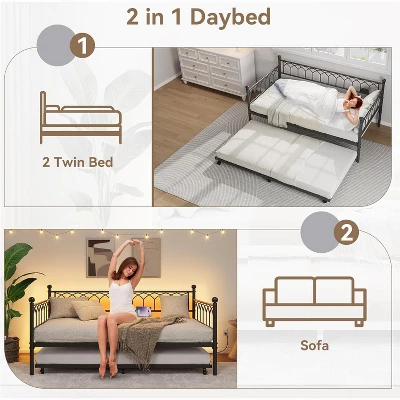 Twin Size Daybed With Pop-Up Trundle & LED Lights, Pull Out Bed With Charging Station And Pull Out Turundle, Metal Sofa Bed Frame For Living Room 4 Twin Size Daybed With Pop-Up Trundle & LED Lights, Pull Out Bed With Charging Station And Pull Out Turundle, Metal Sofa Bed Frame For Living Room - Image 4