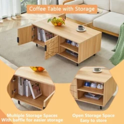 Wood Coffee Table With Hidden Compartment And Large Storage Shelf, Dining Center Table For Home Living Room Office -Garvee Sales GUEST 388b4ff0 bf20 4f3a b5a8 126ae9fc050c