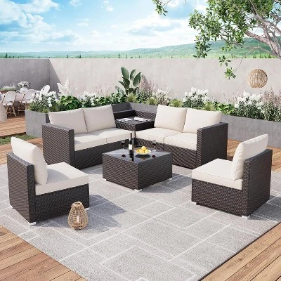 8-Piece Outdoor Patio Furniture Set, Modular Pe Rattan Wicker Sectional Sofa With Glaass Top Table For Garden And Backyard, All-Weather Design, Beige 8 8-Piece Outdoor Patio Furniture Set, Modular Pe Rattan Wicker Sectional Sofa With Glaass Top Table For Garden And Backyard, All-Weather Design, Beige - Image 8