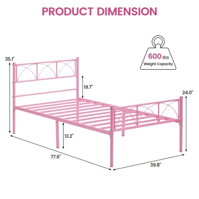 Twin Size Bed Frame With Headboard, Twin Bed Frame For Girls/Boys/Teens, Heavy Duty Metal Slat Support, No Box Spring Needed, Easy Assembly,Pink 2 Twin Size Bed Frame With Headboard, Twin Bed Frame For Girls/Boys/Teens, Heavy Duty Metal Slat Support, No Box Spring Needed, Easy Assembly,Pink - Image 2