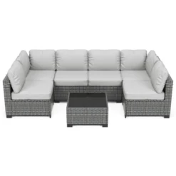 7 Piece Patio Furniture Set - PE Rattan Wicker Sectional Sofa With Cushions & Glass Coffee Table For Garden, Balcony, Porch, Backyard