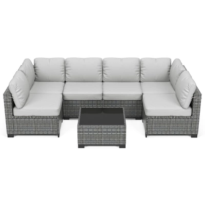 7 Piece Patio Furniture Set - PE Rattan Wicker Sectional Sofa With Cushions & Glass Coffee Table For Garden, Balcony, Porch, Backyard 1 7 Piece Patio Furniture Set - PE Rattan Wicker Sectional Sofa With Cushions & Glass Coffee Table For Garden, Balcony, Porch, Backyard