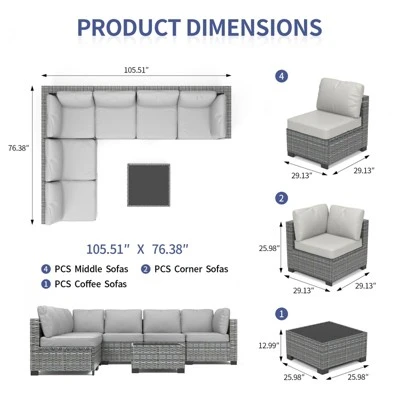 7 Piece Patio Furniture Set - PE Rattan Wicker Sectional Sofa With Cushions & Glass Coffee Table For Garden, Balcony, Porch, Backyard 2 7 Piece Patio Furniture Set - PE Rattan Wicker Sectional Sofa With Cushions & Glass Coffee Table For Garden, Balcony, Porch, Backyard - Image 2