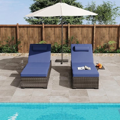 Lounge Chair Outdoor, PE Rattan Wicker Pool Lounge Chairs Set Of 2 With Adjustable Backrest, Cushion, Cup Holder, For Poolside, Deck, Gray-Beige 3 Lounge Chair Outdoor, PE Rattan Wicker Pool Lounge Chairs Set Of 2 With Adjustable Backrest, Cushion, Cup Holder, For Poolside, Deck, Gray-Beige - Image 3