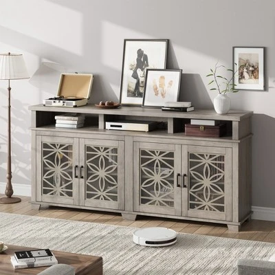 Farmhouse TV Stand For 80 Inch, Mid Century Modern Entertainment Center With LED Lights And Storage, Wooden Media Cabinet Furniture 2 Farmhouse TV Stand For 80 Inch, Mid Century Modern Entertainment Center With LED Lights And Storage, Wooden Media Cabinet Furniture - Image 2