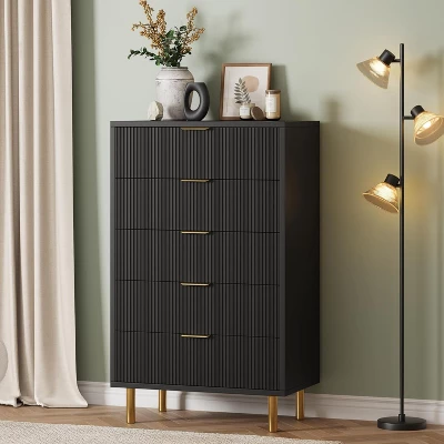 Dresser, Modern 5 Drawer Dresser For Bedroom With Gold Handle And Large Drawer, Wood Double Chest Of Drawers And Storage Organizer For Living Room 2 Dresser, Modern 5 Drawer Dresser For Bedroom With Gold Handle And Large Drawer, Wood Double Chest Of Drawers And Storage Organizer For Living Room - Image 2
