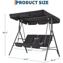 3-Seater Outdoor Porch Swing Chair With Adjustable Canopy, Heavy-Duty Steel Frame, 600 Lb Capacity, Weatherproof Cushions