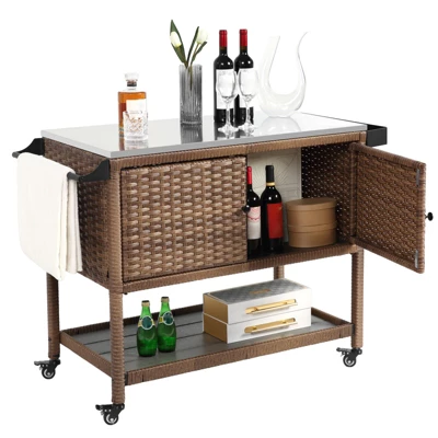 Outdoor Wicker Bar Cart, Patio Wine Serving Cart With Stainless Steel Top, Beverage Bar Prep Table With Storage & Wheel For Backyard Poolside Brown 1 Outdoor Wicker Bar Cart, Patio Wine Serving Cart With Stainless Steel Top, Beverage Bar Prep Table With Storage & Wheel For Backyard Poolside Brown