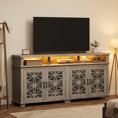 Farmhouse TV Stand For 80 Inch, Mid Century Modern Entertainment Center With LED Lights And Storage, Wooden Media Cabinet Furniture 3 Farmhouse TV Stand For 80 Inch, Mid Century Modern Entertainment Center With LED Lights And Storage, Wooden Media Cabinet Furniture - Image 3