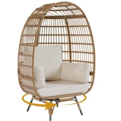 360Swivel Egg Chair, Patio Rotating Rattan Egg Basket Chair With Steel Frame And 4 Cushions, Heavy-Duty Wicker Chair For Porch, Backyard
