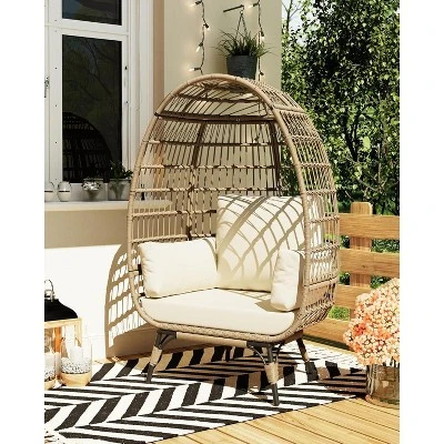 Oversize Rattan Egg Chair Outdoor Wicker Patio Lounge Chairs With Steel Frame Stand And 4 Cushions For Patio, Porch, Backyard, Living Rooms, Beige 7 Oversize Rattan Egg Chair Outdoor Wicker Patio Lounge Chairs With Steel Frame Stand And 4 Cushions For Patio, Porch, Backyard, Living Rooms, Beige - Image 7