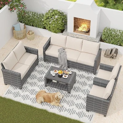 5-Piece Outdoor Patio Furniture Set, 7-Seat PE Rattan Sectional Sofa With Storage Table & Water-Repellent Cushions, Backyard, Deck, Poolside 2 5-Piece Outdoor Patio Furniture Set, 7-Seat PE Rattan Sectional Sofa With Storage Table & Water-Repellent Cushions, Backyard, Deck, Poolside - Image 2