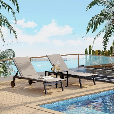 Outdoor Lounge Chairs With Wheels, Adjustable Backrest Poolside Loungers, Patio Chaise Lounge Chairs With Side Table Set Of 3 Khaki 8 Outdoor Lounge Chairs With Wheels, Adjustable Backrest Poolside Loungers, Patio Chaise Lounge Chairs With Side Table Set Of 3 Khaki - Image 8