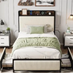 Twin Size Bed Frame With Storage Drawers & Charging Station - Rustic Velvet Upholstered Platform Bed, No Box Spring Needed