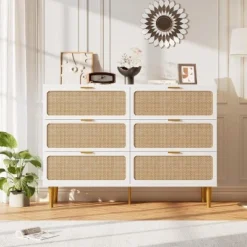 Rattan 6 Drawer Dressers For Bedroom, Boho Wooden Chests Of Drawers, Modern Double Dresser Chest For Living Room, Entryway, Kids Room -Garvee Sales GUEST 3e44f1f8 dd11 4d49 aebc e90e7a43103e 2
