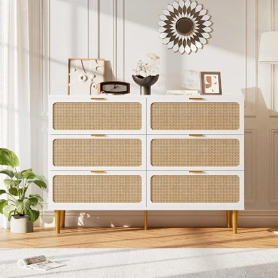 Rattan 6 Drawer Dresser For Bedroom, Large Double Dresser With Deep Drawers, Long Wooden Chest Of Drawers For Living Room, Hallway, Kids Room 11 Rattan 6 Drawer Dresser For Bedroom, Large Double Dresser With Deep Drawers, Long Wooden Chest Of Drawers For Living Room, Hallway, Kids Room - Image 11