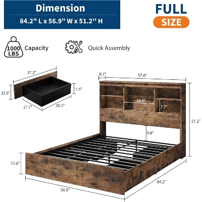 Full Size Bed Frame With High Storage Bookcase Headboard, Wood Bed Frame With 4 Storage Drawers, Built In Charging Station, Brown 1 Full Size Bed Frame With High Storage Bookcase Headboard, Wood Bed Frame With 4 Storage Drawers, Built In Charging Station, Brown
