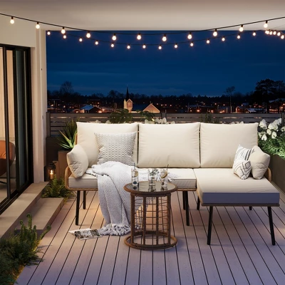 3-Piece Outdoor Sectional Sofa Set, L-Shaped Waterproof Wicker Furniture With Cushions & Glass Side Table For Porch, Pool Or Backyard 3 3-Piece Outdoor Sectional Sofa Set, L-Shaped Waterproof Wicker Furniture With Cushions & Glass Side Table For Porch, Pool Or Backyard - Image 3