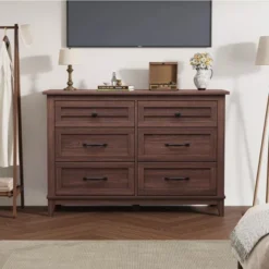 6 Dresser Cabinet, 47" Wide Drawer Dresser With Storage Freestanding, Wooden Closet Dresser Storage Chest For Bedroom Living Room